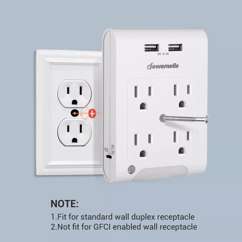 DEWENWILS 4-Outlet Wall Outlet Adapter with 2 USB and Light