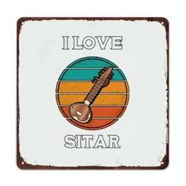 Mousus I Love Sitar Retro Metal Sign, Sitar Wall Plaque Tin Sign, Musical Instruments Sign for Office Home Classroom Wall Decor, Square 15x15 Inch