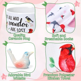 Nefelibata 4-in-1 Bird Watchers Gift Set Birds Mug Socks for Women Water Whistle Kitchen Towel Cardinal Hummingbird Kingfisher Birds on Branch Gift Bird Lovers Nerds Christmas Holiday Present Idea