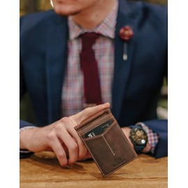 SERMAN BRANDS RFID Blocking Wallet Slim Bifold - Genuine Leather Minimalist Front Pocket Wallets for Men with Money Clip Gift (Texas Brown)