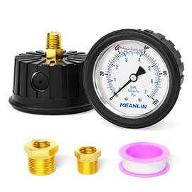MEANLIN MEASURE 0~100Psi Stainless Steel 1/4" NPT 2.5" FACE DIAL,Liquid Filled Pressure Gauge, Center Back Mount(with Rubber Protective Sleeve), with 1/2" NPT and 3/8" NPT Hex Bushing