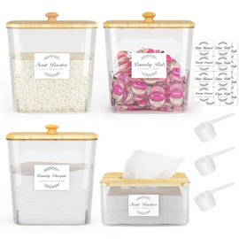 Vincona Laundry Room Organization and Storage, Laundry Pods Container and Dryer Sheet Holder with Bamboo Lids and Labels, Laundry Organizer with Scoops for Booster Beads, Powder, Pods, 3+1 Pack