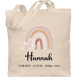 Geschenk mit Namen personalisiert by Shirtracer - Cotton Bag - Rainbow with Name | Rainbow Miracle | With Birth Date Name Date Time Weight and Size, 2 natural white