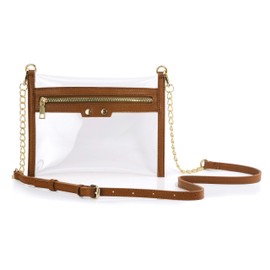 HOXIS Clear Zipper Purse Stadium Approved Women Chain Crossbody Bag Convertible Wristlet Clutch (Brown)