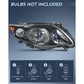 Nilight Headlight Assembly Compatible with 2009 2010 Toyota Corolla XLE/LE/Base Replacement Headlamp Black Housing Amber Reflector Driver and Passenger Side(Not fit S or XRS Trim)