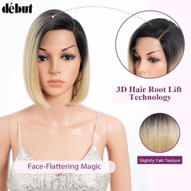 DÉBUT Short Bob Wig, Ombre Blonde C Part Lace Front Wig, Asymmetrical Cute Bob Synthetic Wigs Heat Resistant Slight Yaki Straight Hair Brown Mixed Blond Color