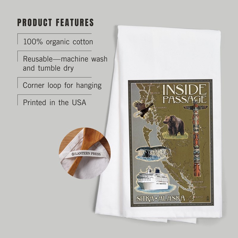 Lantern Press Sitka, Alaska, Inside Passage Map (100% Cotton Tea