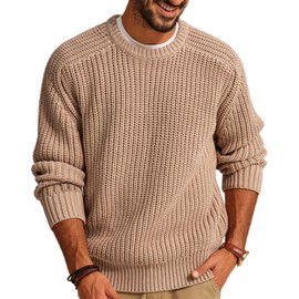 PJ PAUL JONES Knitted Sweater Men Crewneck Long Sleeve Fall Sweater Loose Fit Textured Pullover Sweater Khaki XL