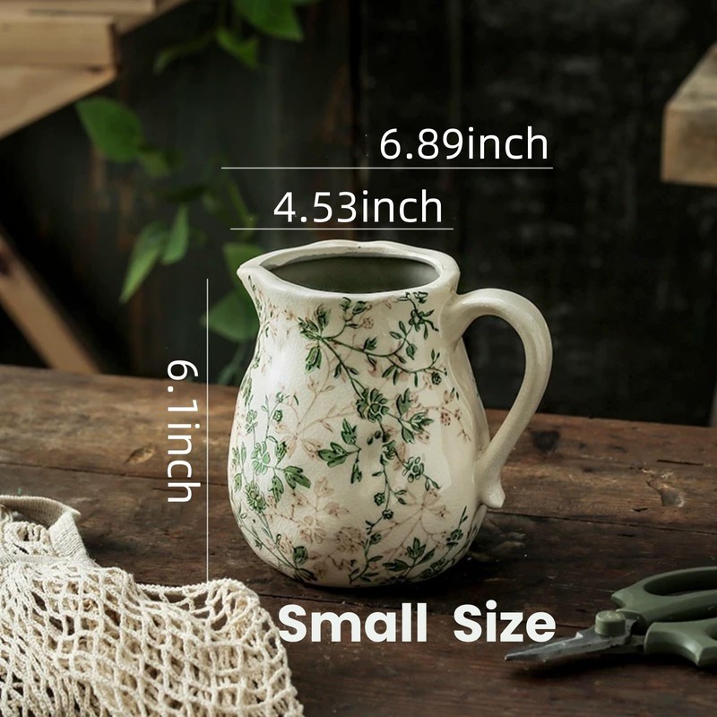 Beige and Green Ceramic Vase, Farmhouse Pitcher Vase with Handle,