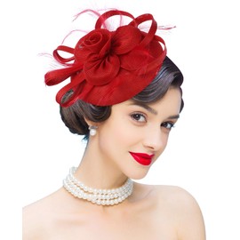 Z&X Wedding Fascinator Church Derby Hat Sinamay Pillbox Hats for Women Tea Party Cocktail with Headband Hair Clip Red