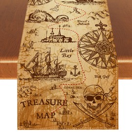 Linen Pirate Party Table Runner Pirate Party Tablecloth Indiana Jones Party Decor Pirate Treasure Table Covers Pirate Party Decorations and Supplies for Home Party-13×72''