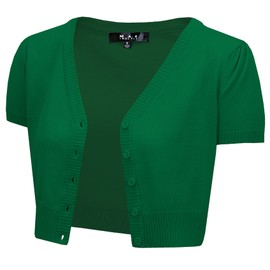 YEMAK Women's Cropped Bolero Cardigan – Short Sleeve V-Neck Basic Classic Casual Button Down Knit Soft Sweater Knitted Top HB2137-KGR-3X Kelly Green