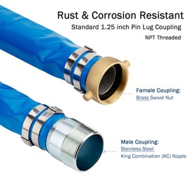 DAVCO 1.25" ID x 25 ft Pool Backwash Hose, Heavy Duty Reinforced Blue PVC Lay Flat Water Discharge Pump Hoses For Swimming Drain Pools and Clean Filters, with Brass NPT Pin Lug and KC Nipple Fittings