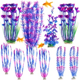 FineCheer 10 Pcs Large Aquarium Artificial Plants Decorations, Tall Plastic Fish Tank Plant Decorations for Household and Office Aquarium(Purple)
