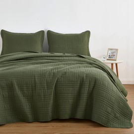 Chezmoi Collection Kingston Queen Size Bedspread Set, 3-Piece Olive Green Oversized Quilted Microfiber Lightweight Bedspread Coverlet (100"x106") for All Seasons