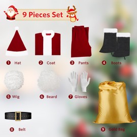 AOSUYOU Santa Claus Costume For Men, 9PCS Deluxe Santa Suit Adults Men Santa Costume Christmas Santa Outfit