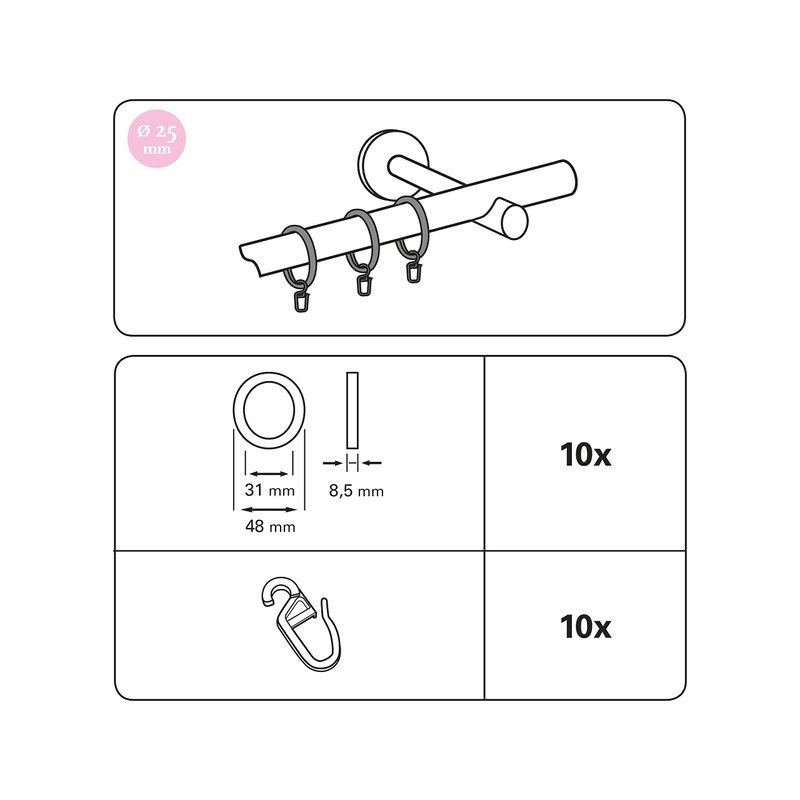 GARDINIA Curtain Rings for Curtain Rods, Diameter 25 mm, with