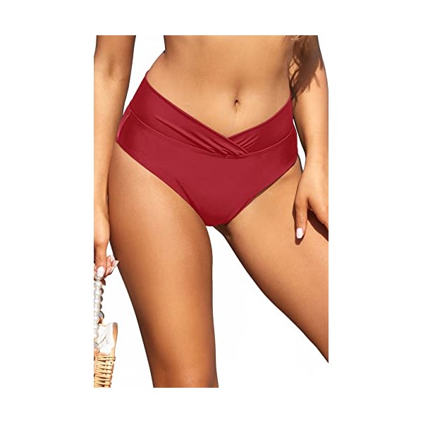 SHEKINI Women's High Waist Bikini Bottoms Ruched Foldover Front Swimming Briefs Full Coverage Swim Shorts, Red, Medium