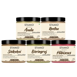 STAMIO Amla Reetha Shikakai Bhringraj Hibiscus Powder 500 gm Combo for Hair Pack, Wash, Mask, DIY | Seedless Indian Gooseberry, Pure Aritha, Acacia concinna, Eclipta alba, Gudhal Flower | Natural Cle