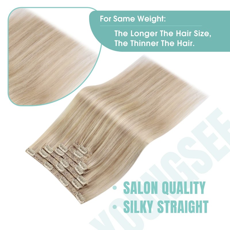 YoungSee #18/613 Clip-In Real-Hair Extensions, Blonde, Light Blonde with Strawberry