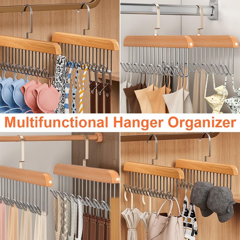 Plowatxi 2 Pack Belt Hanger with 16 Hooks, Non-Slip Wooden