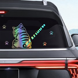 Dreothy Cat Wiper Decal,Car Stickers and Decals Funny Cat Moving Tail Stickers Waterproof Windshield Wiper Stickers Car Window Wiper Decals Tags for Rear Wipers (Rainbow Silver)