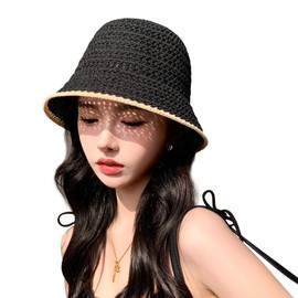 Women Foldable Sun Hats Mesh Woven Bucket Hat Portable Summer Hats for Traveling Beach Sunbathing Black
