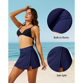 Aqua Eve Women Swim Skirt Tummy Control Swimsuit Skirt with Built-in Shorts High Waisted Split Swim Bottom Navy Blue XL