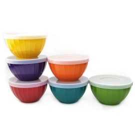 Melamine Fluted Bowls Set with Lids - 6pcs 15 oz Cereal/Prep Bowls, 6 Assorted Color | Break-resistant 100% Melamine Bowls and Plastic Lids | Dishwasher Safe, BPA Free