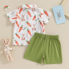 Licupiee Toddler Baby Boys Easter Outfits Carrot Print Short Sleeve Button Up T Shirts and Shorts Set 2Pcs Bunny Shorts Sets (Green, 2-3T)