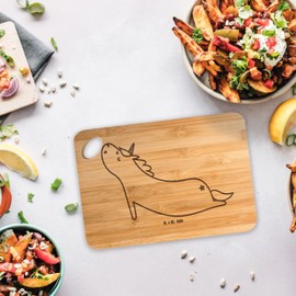 Mr. & Mrs. Panda Bambus - Schneidebrett Einhorn Yoga - Geschenk, Namaste, Holz Bretter, Einhörner, süß, Holzbrettchen, Unicorn, Holzbrett mit Gravur,
