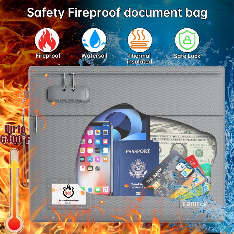 Tamfile Fireproof Document Bag with Lock,15x12 inch Heat Resistant Cash