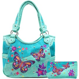 Zelris Butterfly Flower Season Embroidery Conceal Carry Tote Handbag Purse Set (Turquoise Blue)