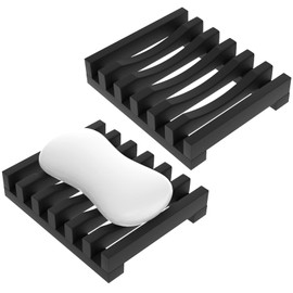 ALIMOTA Soap Tray Soap Case Holder, 2 Pcs Soap Dish with Drain Spout, Silicone Rubber Drainer Dishes for Keeping Soap Dry & Easy to Clean(Black)