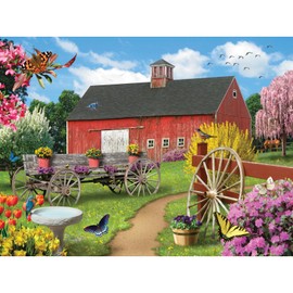 Bits and Pieces – Rustic Retreat Jigsaw Puzzle for Adults by Alan Giana, Colorful Farm Scene with Red Barn, Tulips, Butterflies, Birds, and Grazing Horse (500 Piece Puzzle)