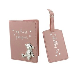 Button Corner PU My First Passport & Luggage Tag Set with Metal Teddy icon Pink CG988P, 200 g
