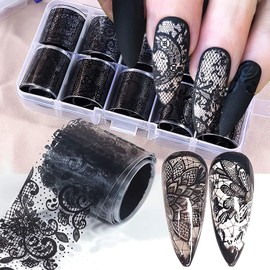 LPOODDNU Lace Nail Foil Transfer Stickers Black Lace Nail Foils Decals Nail Art Supplies 10 Rolls Nail Adhesive Acrylic Nails Decorations DIY Nail Art Foil Designs for Women Manicure Tips Accessories