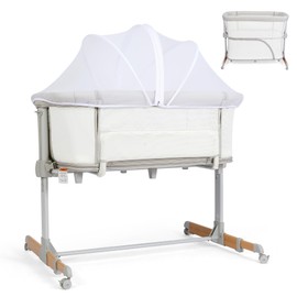 Bicystar Baby Bassinet Bedside Sleeper Playpen 3 in 1, Arms Reach Co Sleeper Attach to Parents Bed with Wheels, Mattress Included, All Mesh Breathable, Adjustable Height for 0-18 Months, Baby Registry