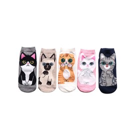 Uran Mall Women's Cat Pattern Socks, Set of 5, Women's Short Socks, Socks, Socks, Stylish, Ankle Socks, Grey, Orange, Yellow, White