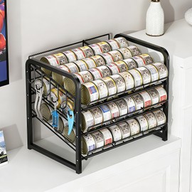 Iron Cat Food Container, Can Organizer for Pantry, Pet Food Storage Containers, 3-Tier Can Stackable Storage Rack with 6 Fixed Hooks, Canned Goods Organizer for Countertop Kitchen Cabinet, Black