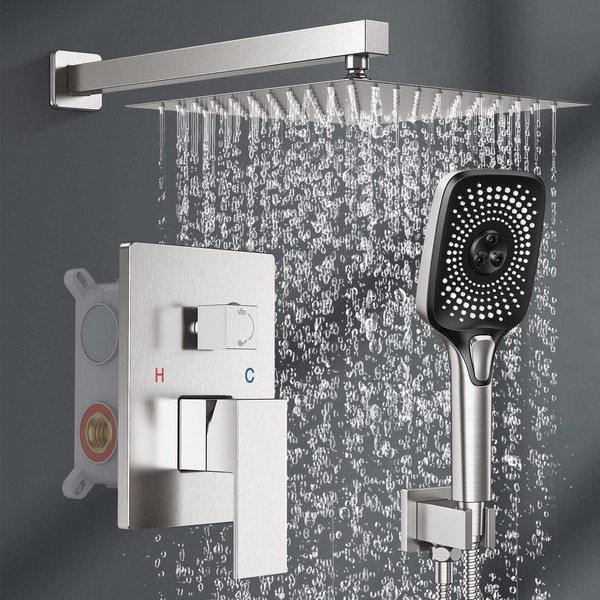 Wiserset Shower Faucet Set Stainless Steel 10in Rainfall Shower Head with Handheld 3 Functions Shower System Brass Pressure Balance Shower Valve