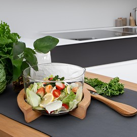 ST-BEST-P Glass Salad Bowl with WoodenBase and Utensils Large Salad Serving Bowl Set for Pasta,Fruit,Mixing Salad,Popcorn,Chip,and Decoration and Decoration (Glass 2, Transparent)