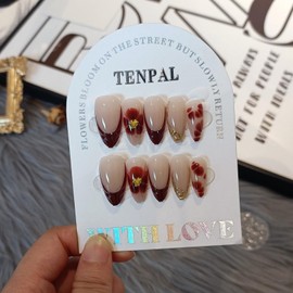 TENPAL Vintage Almond Nails,Caramel French Tips Press on Nails,Glossy Gilded Blossom Relief Glue on Nails,Autumn Cozy Goth Press ons,Reusable Y2K Retro Fake Nails Design 24pcs Nail Set with Tools