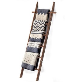 Farmhouse Wooden Blanket Ladder with Removable Hooks, 6-Tier Rustic Blanket Rack Decorative Stand, Leaning Towel Quilt Rack Holder for Bathroom Living Room Decor Brown