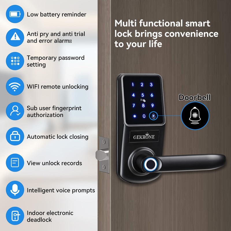 GEKRONE Smart Fingerprint Lock with Lever Handle, Keypad Touchscreen Keyless