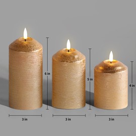 Eywamage Gold Flameless Pillar Candles with Remote, Flickering LED Wax Candles Battery Operated Set of 3