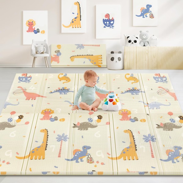 VYPERX 79"x71" Baby Floor Play Mat, 0.6" Thicker XPE Foam Foldable Waterproof Playmat for Infants Babies from Newborns to Toddlers, Crawl to Walk, Reversible & Portable Baby Mat (Dino and Track)