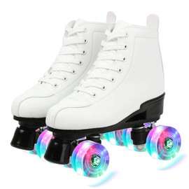 XUDREZ Classic Roller Skates High-Top Double-Row Leather Roller Skates for Women and Men (White Flash Wheel,5)