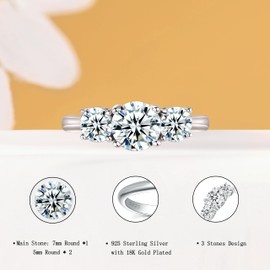 SILVERNANA 3 Stones Moissanite Engagement Ring for Women 925 Sterling Silver 2.2ct Round Cut Moissanite Promise Wedding Ring Size 6.5