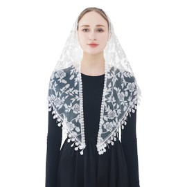 Wgior Triangle Catholic Church Veils Floral Lace Scarf Mass Mantilla Chapel Veil Bridal Bachelorette Party Veil (White)